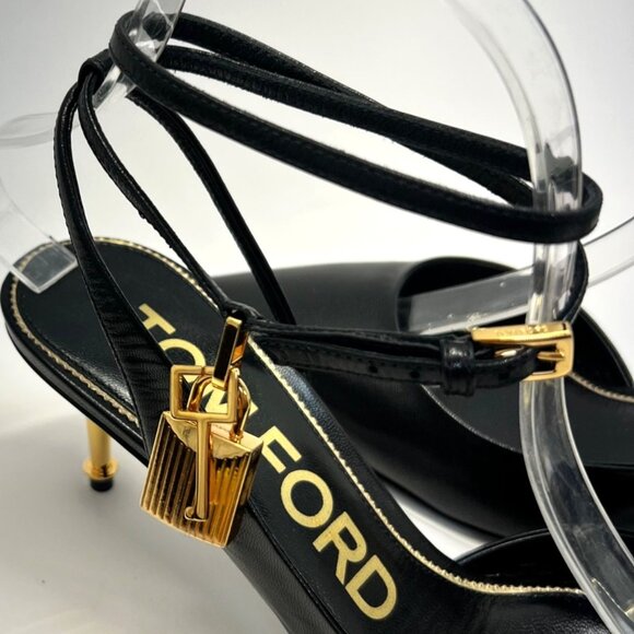 Tom Ford Padlock Black Leather Heels Women Pointed Toe Golden Kitty Heel Size 39 - Picture 4 of 13
